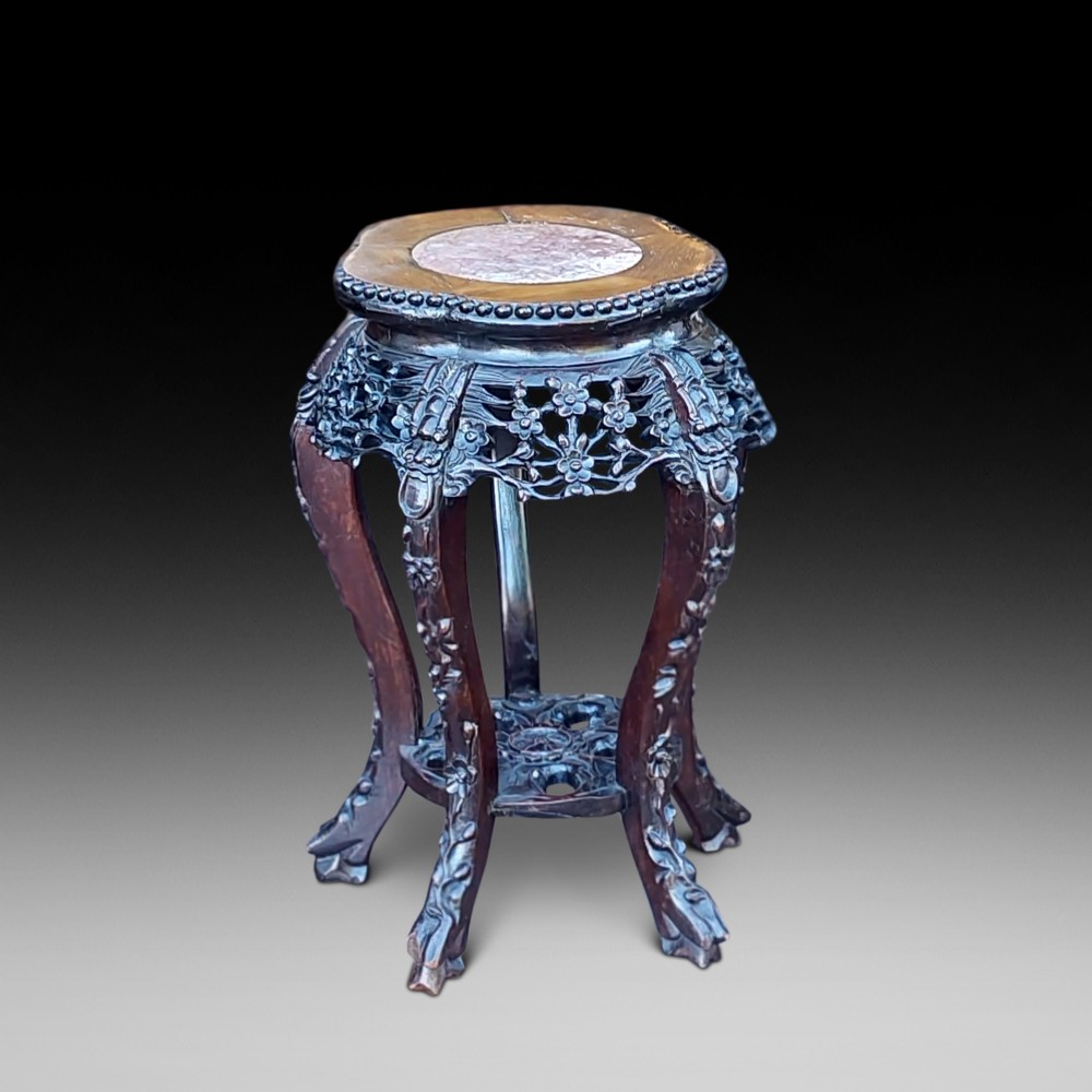 19thC Chinese Hardwood & Pink Marble Urn  Stand