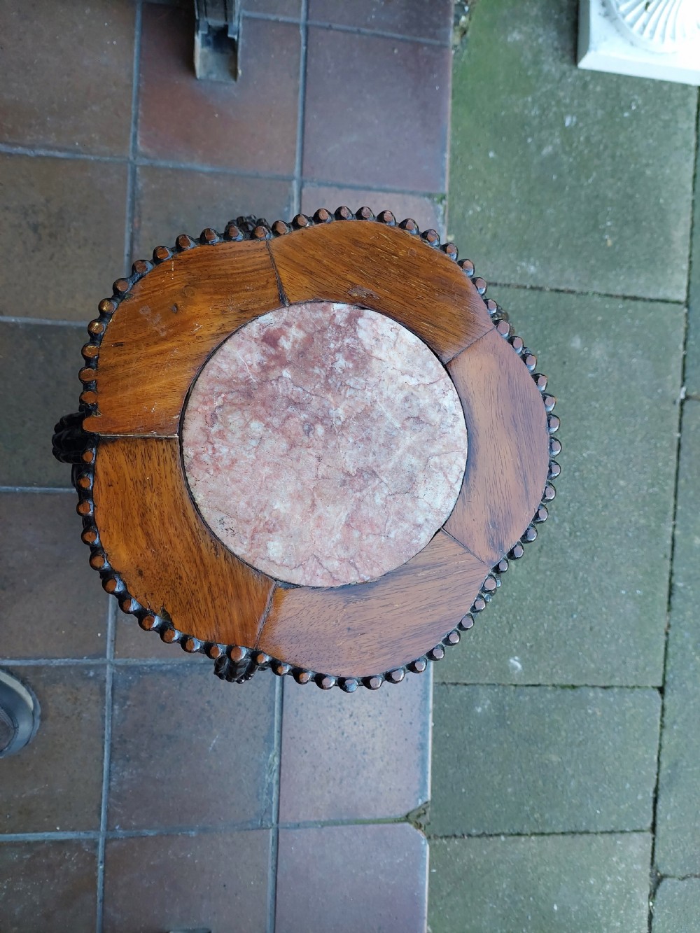 19thC Chinese Hardwood & Pink Marble Urn  Stand View II