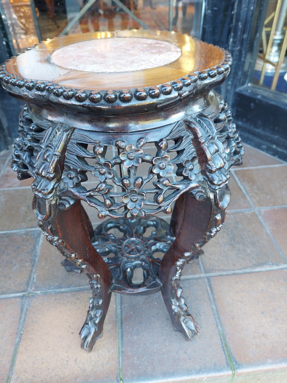 19thC Chinese Hardwood & Pink Marble Urn  Stand View III