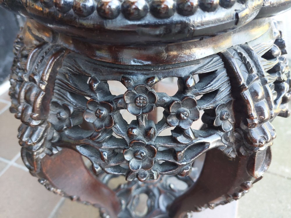 19thC Chinese Hardwood & Pink Marble Urn  Stand View IV