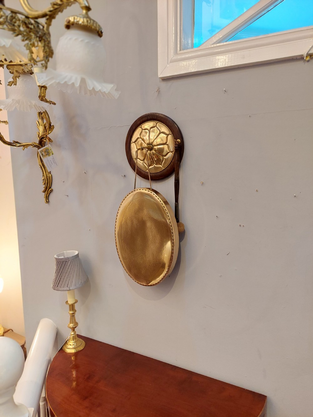 Art Nouveau Oak and Brass Dinner Gong c1900 View II