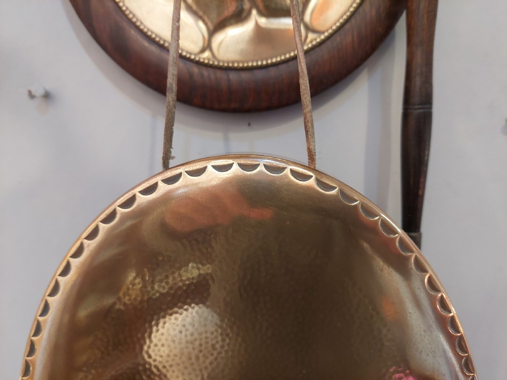 Art Nouveau Oak and Brass Dinner Gong c1900 View V