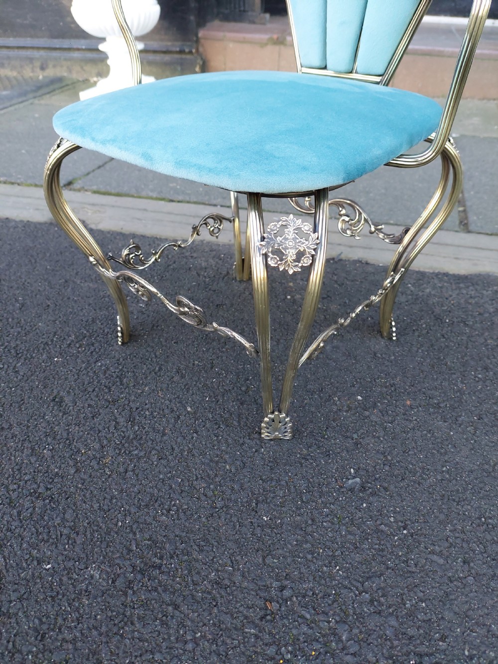A 1920s miniature metal-framed armchair with turquoise blue velvet upholstery and a fan-shaped backrest. View III