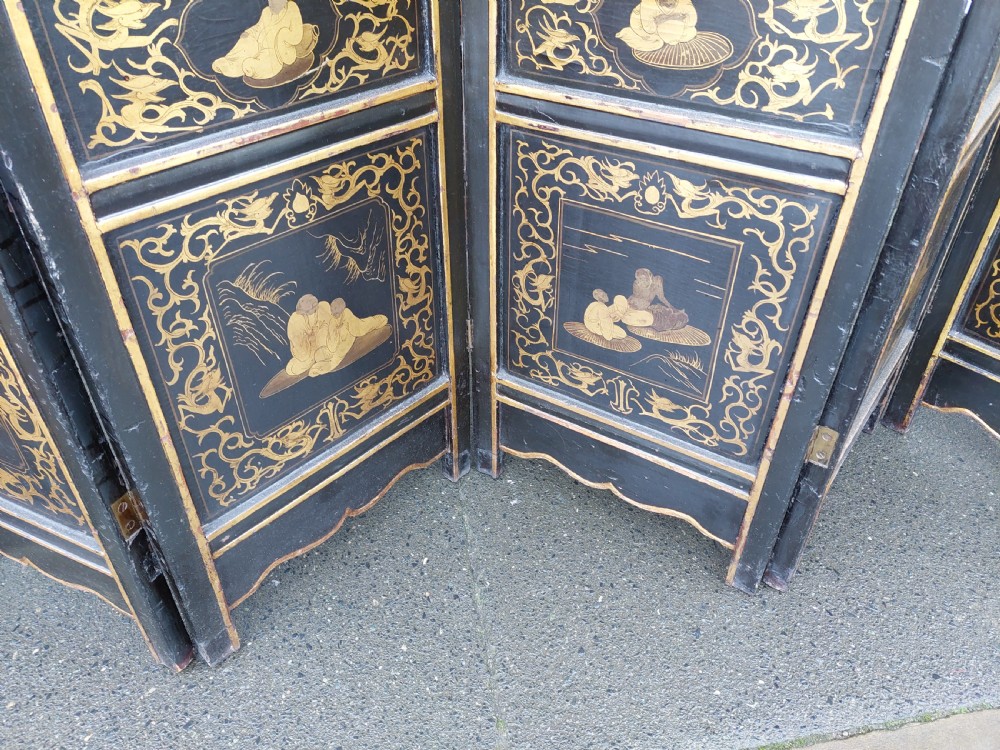 An eight-panel black lacquered folding screen with gold chinoiserie figures and floral patterned panels. View VI