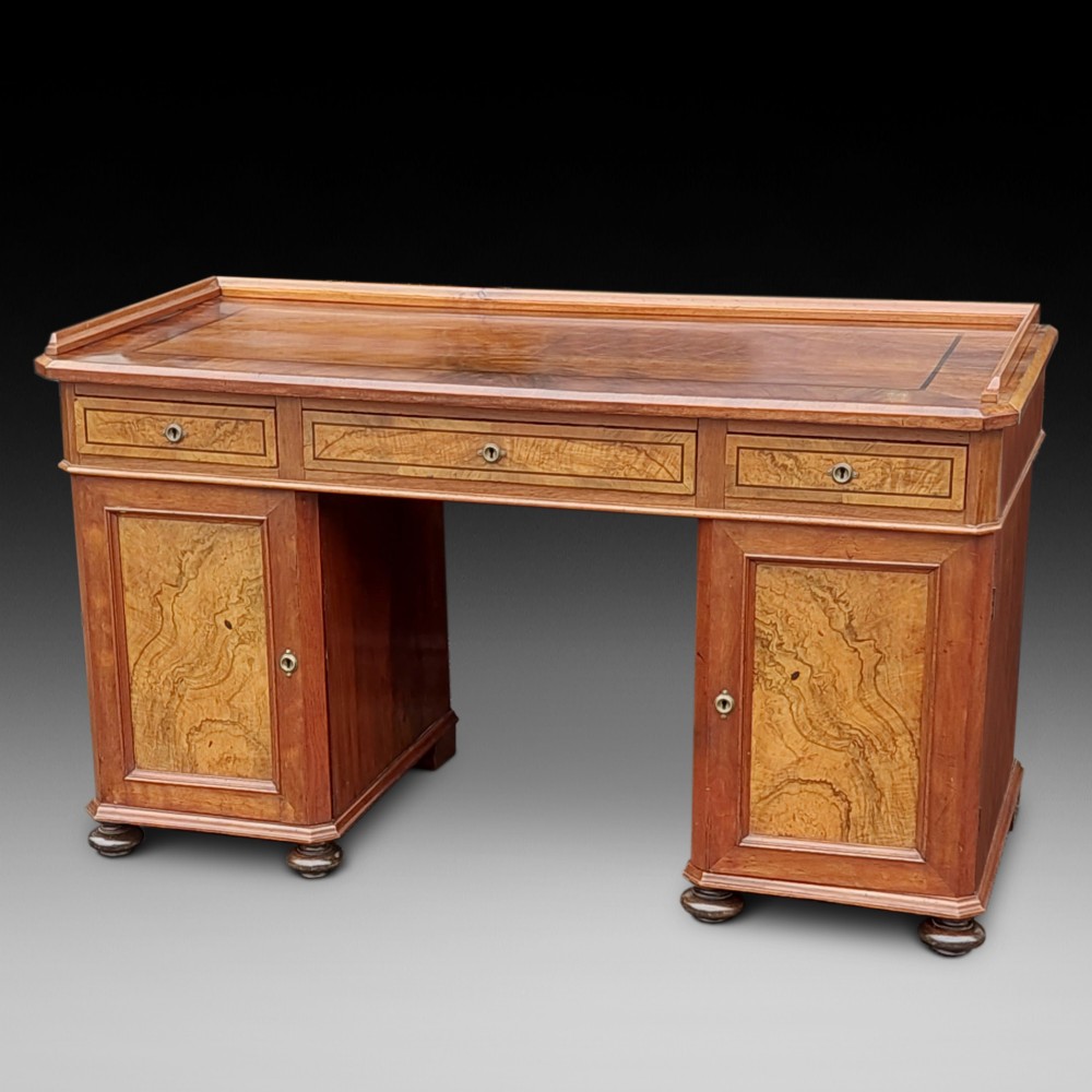 19thC Danish Burr Walnut Twin Pedestal Writing Desk