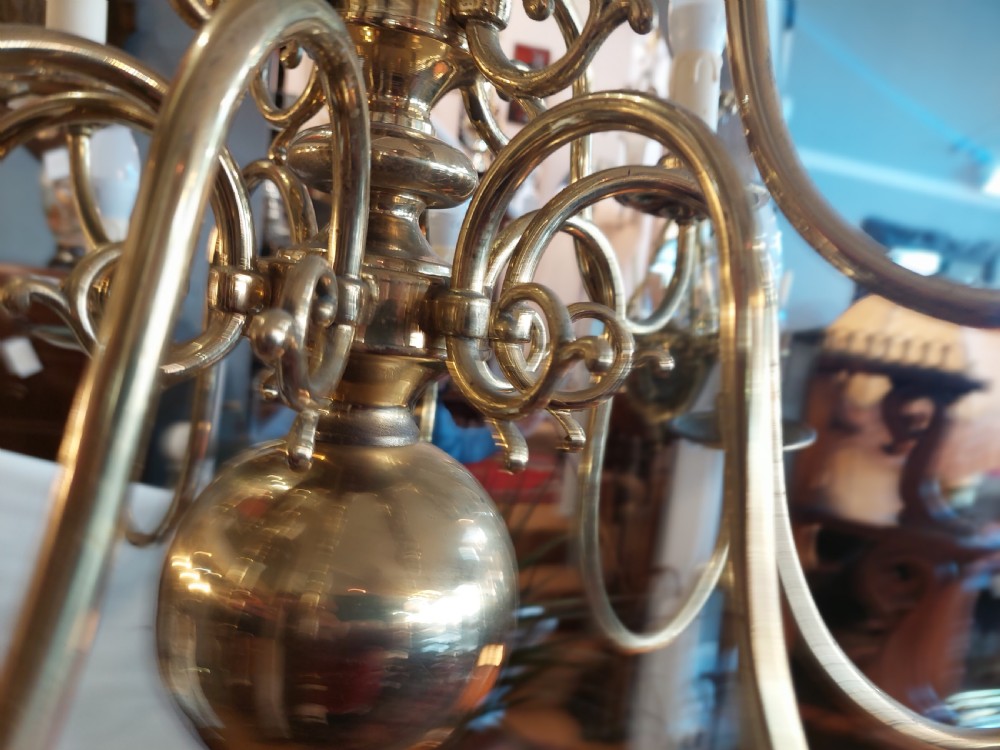 12 Branch Brass Dutch Style Scroll Arm Chandelier  View V