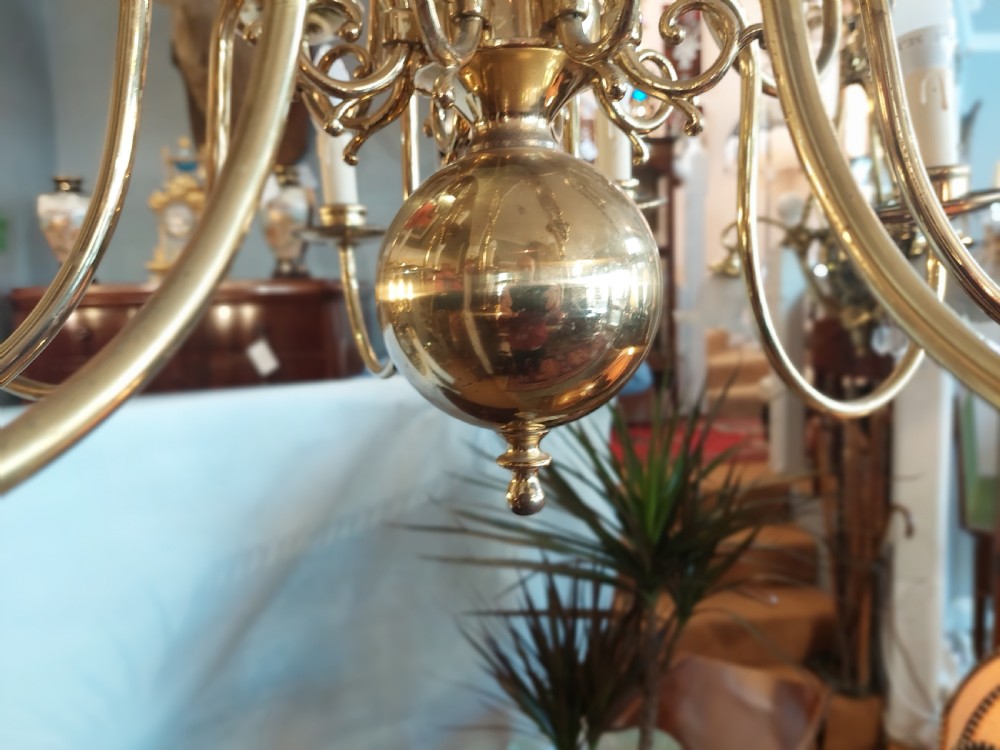 12 Branch Brass Dutch Style Scroll Arm Chandelier  View VI
