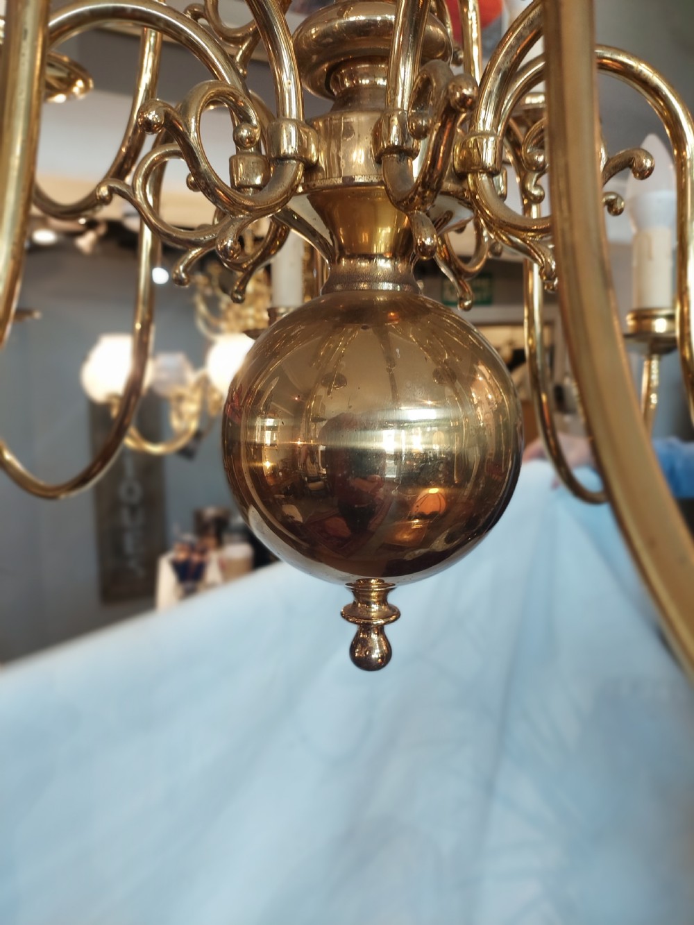 12 Branch Brass Dutch Style Scroll Arm Chandelier  View VII