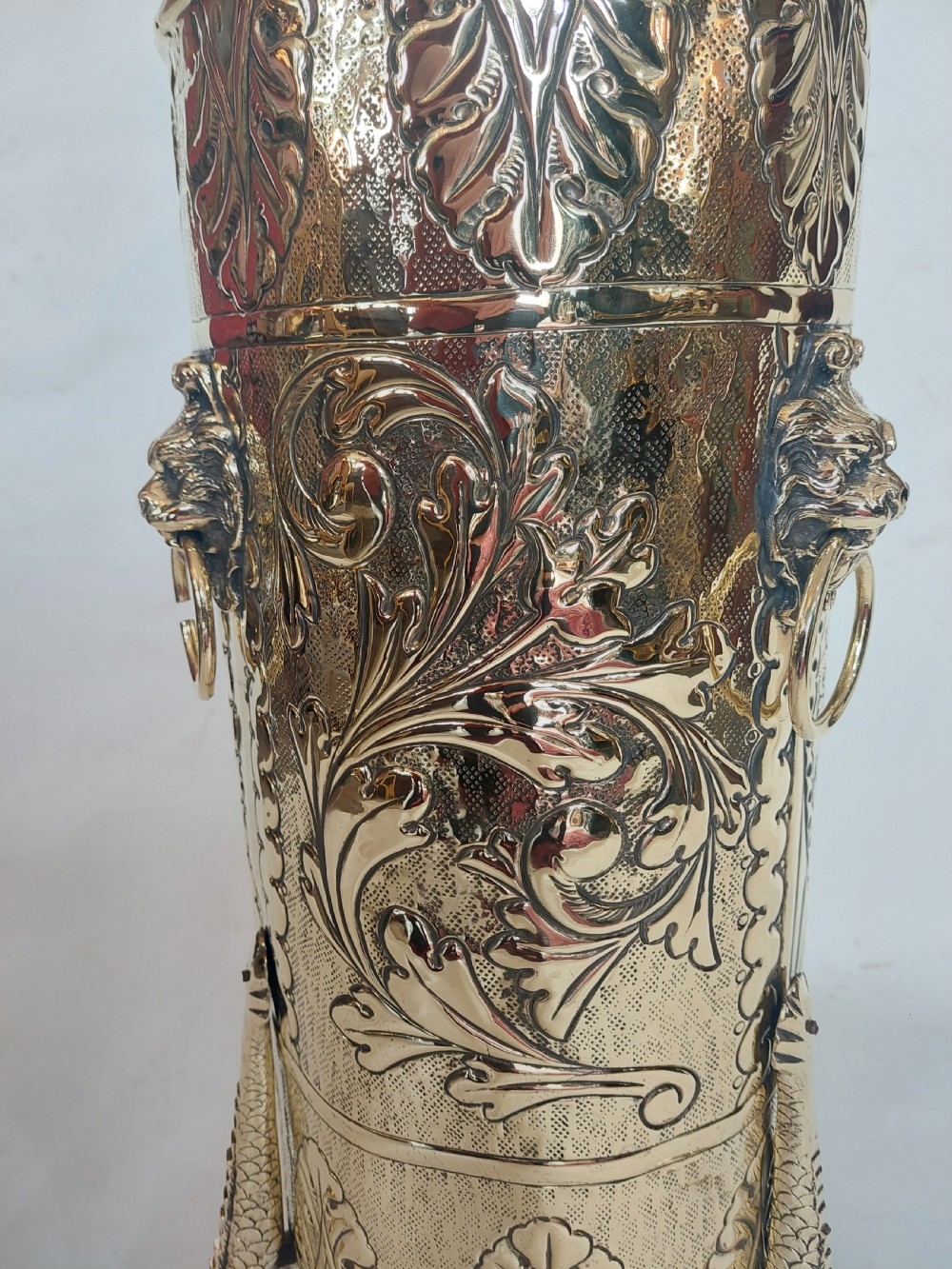 19thC Dutch Brass Embossed Stick Stand View V
