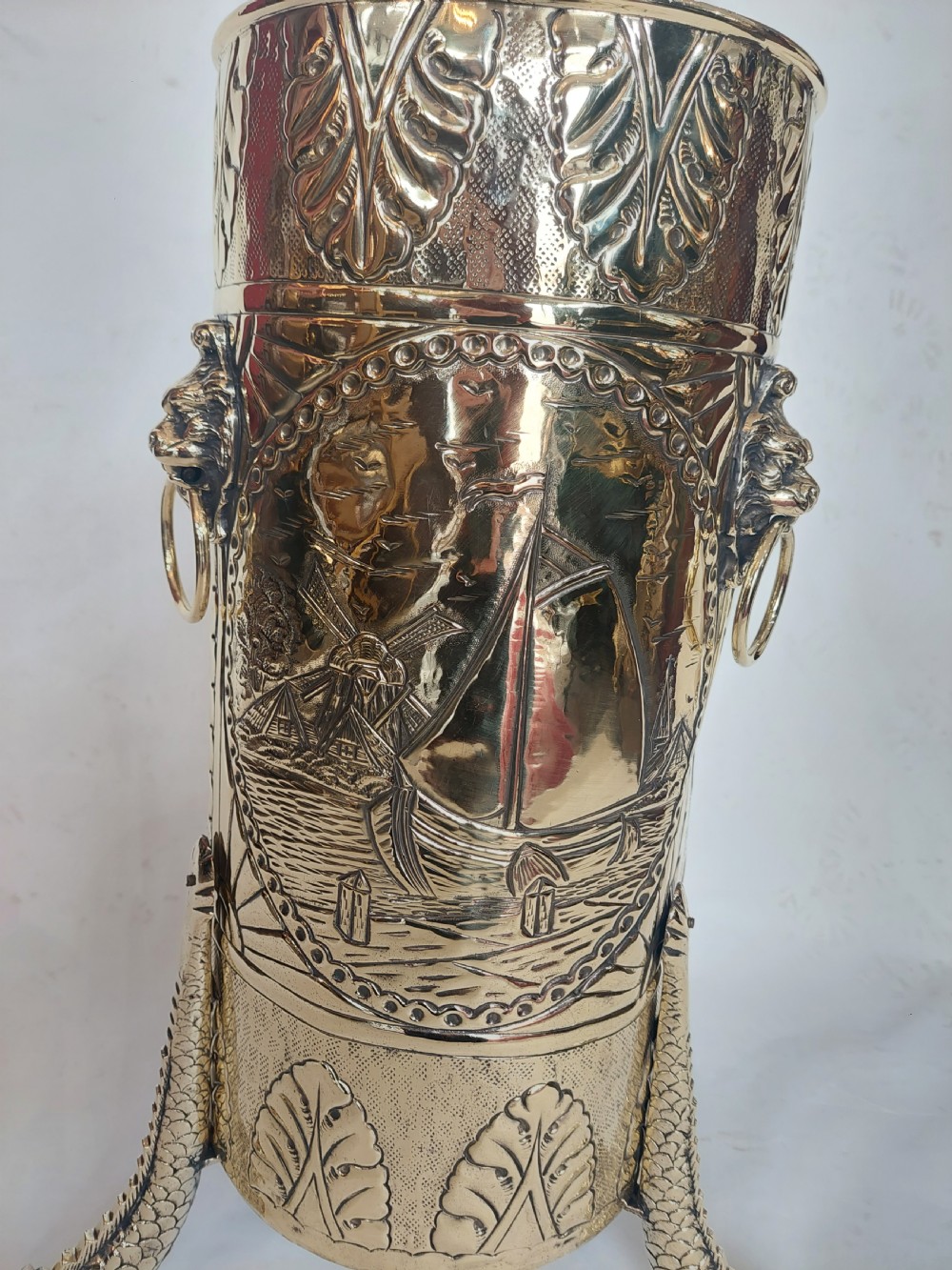 19thC Dutch Brass Embossed Stick Stand View IX