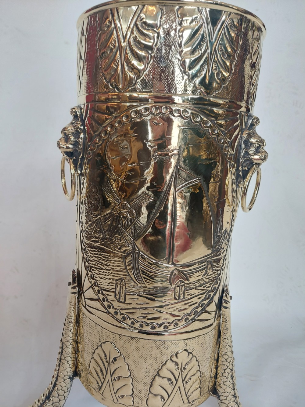 19thC Dutch Brass Embossed Stick Stand View X