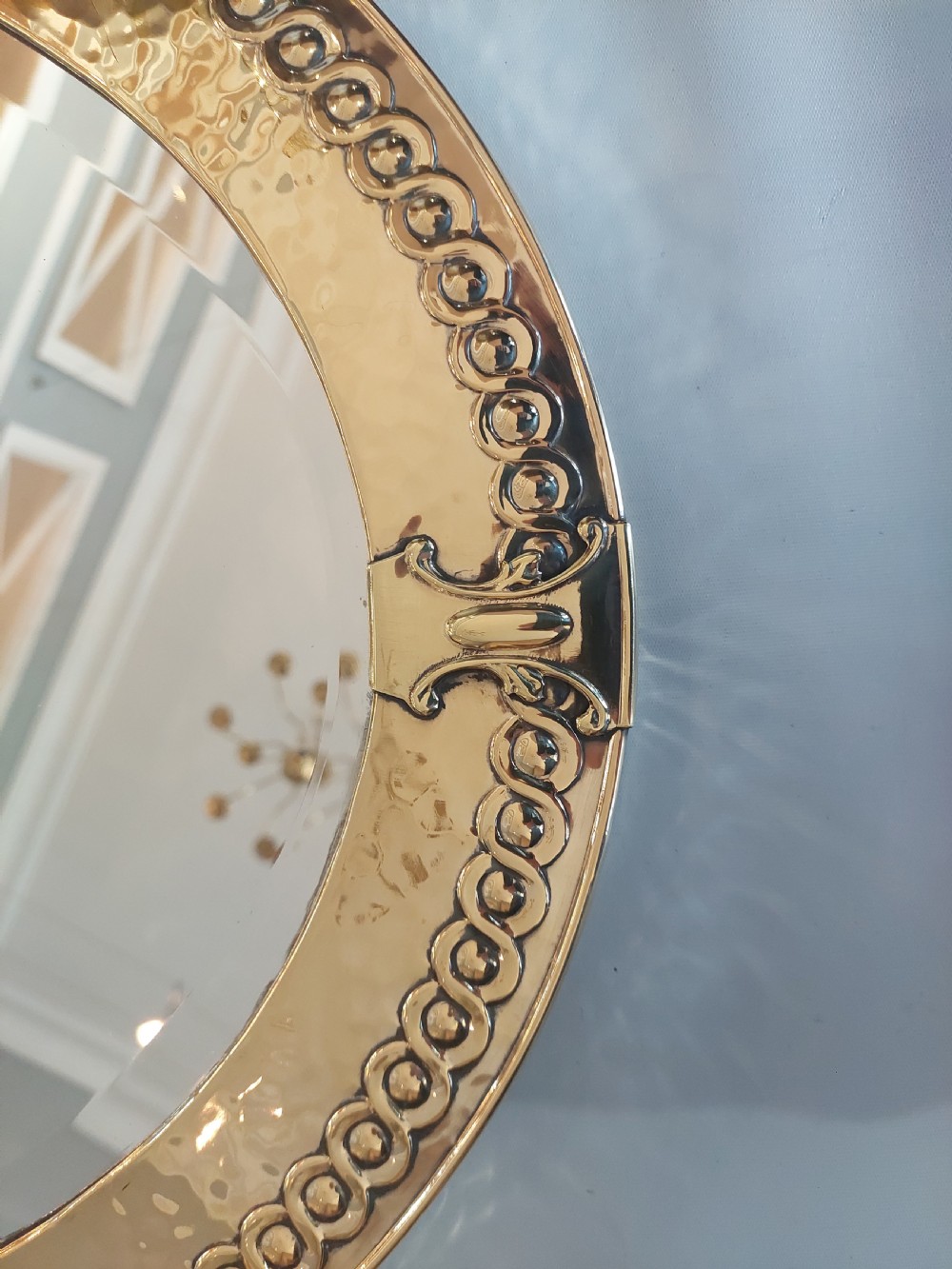 Arts & Crafts Hammered Brass Framed Oval Mirror View II