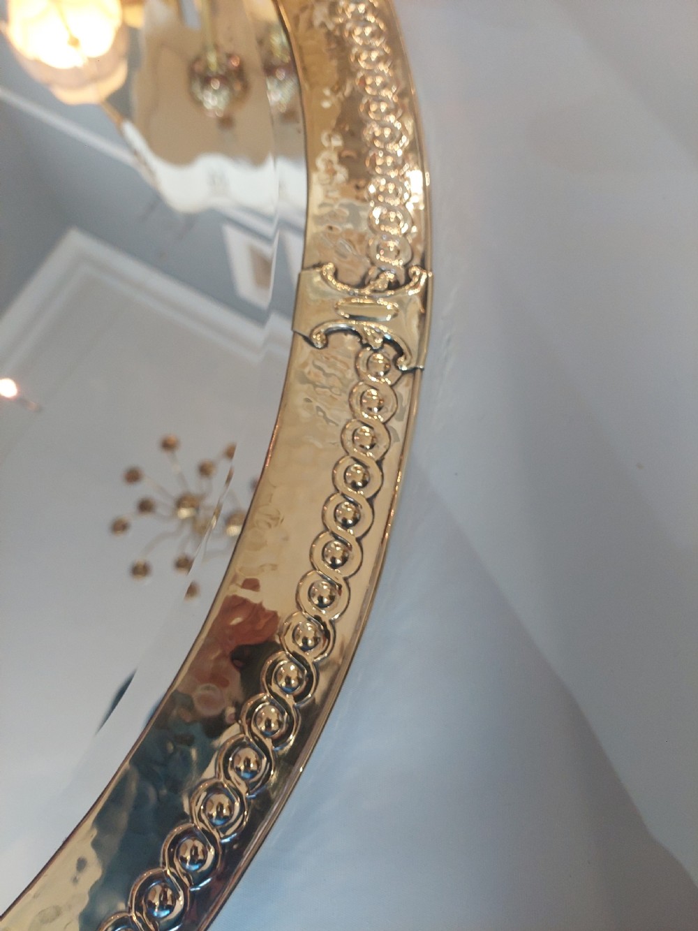 Arts & Crafts Hammered Brass Framed Oval Mirror View III