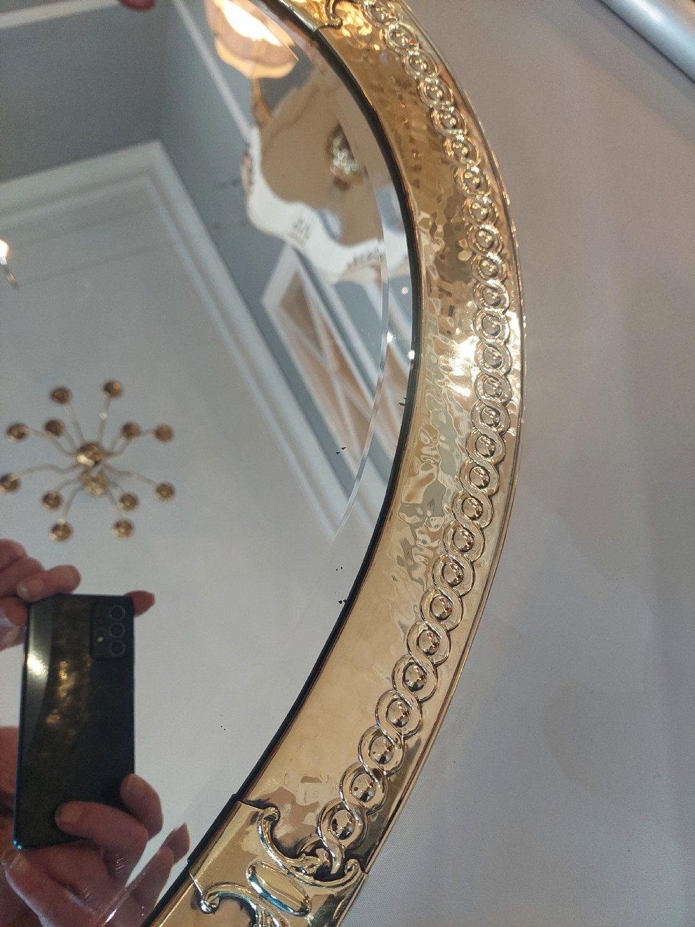 Arts & Crafts Hammered Brass Framed Oval Mirror View IV