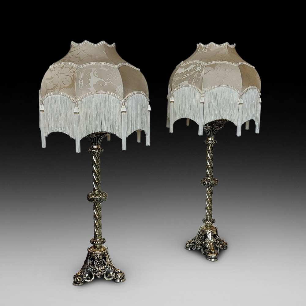 Pair 19thC. Gothic Brass Pricketstick Lamps