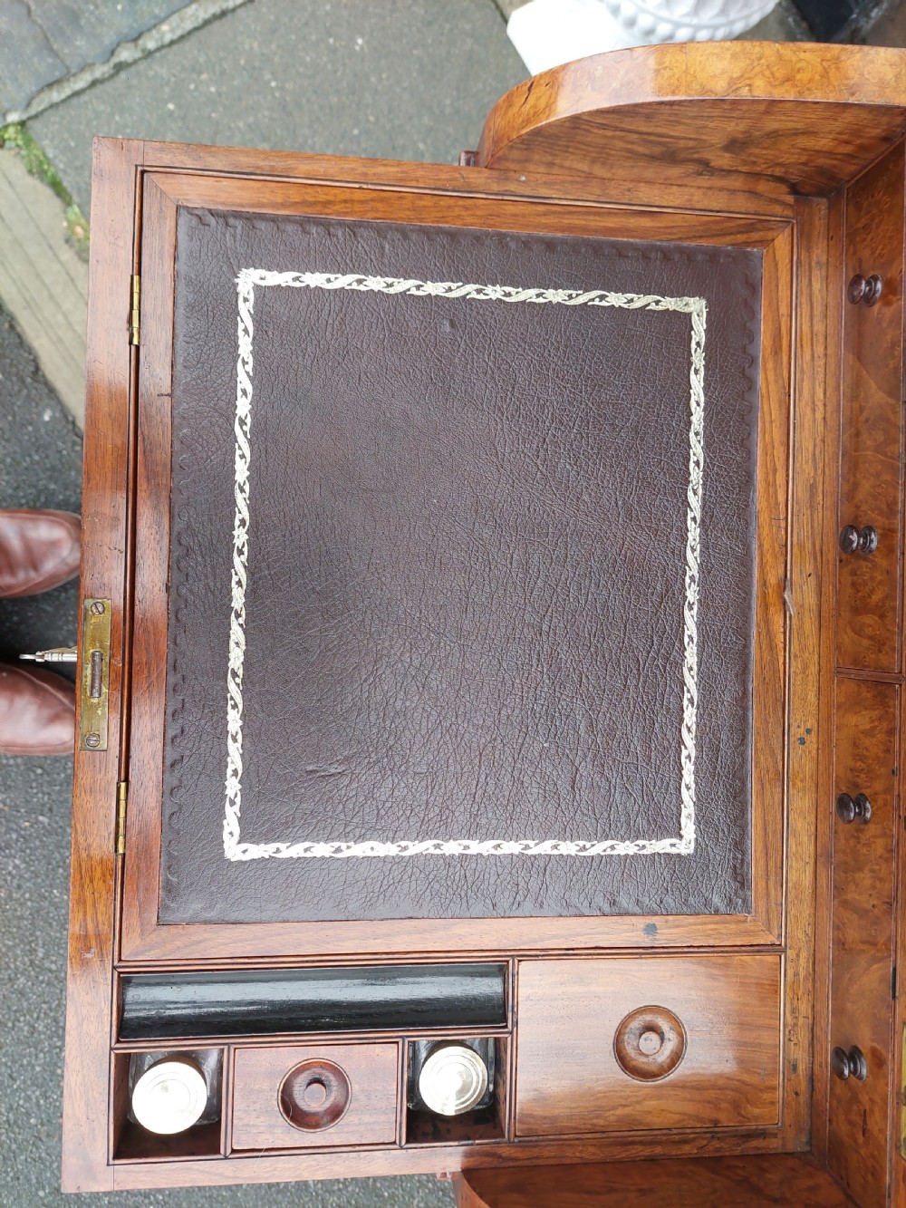 Victorian Burr Walnut Piano Top Pop Up Davenport View VII