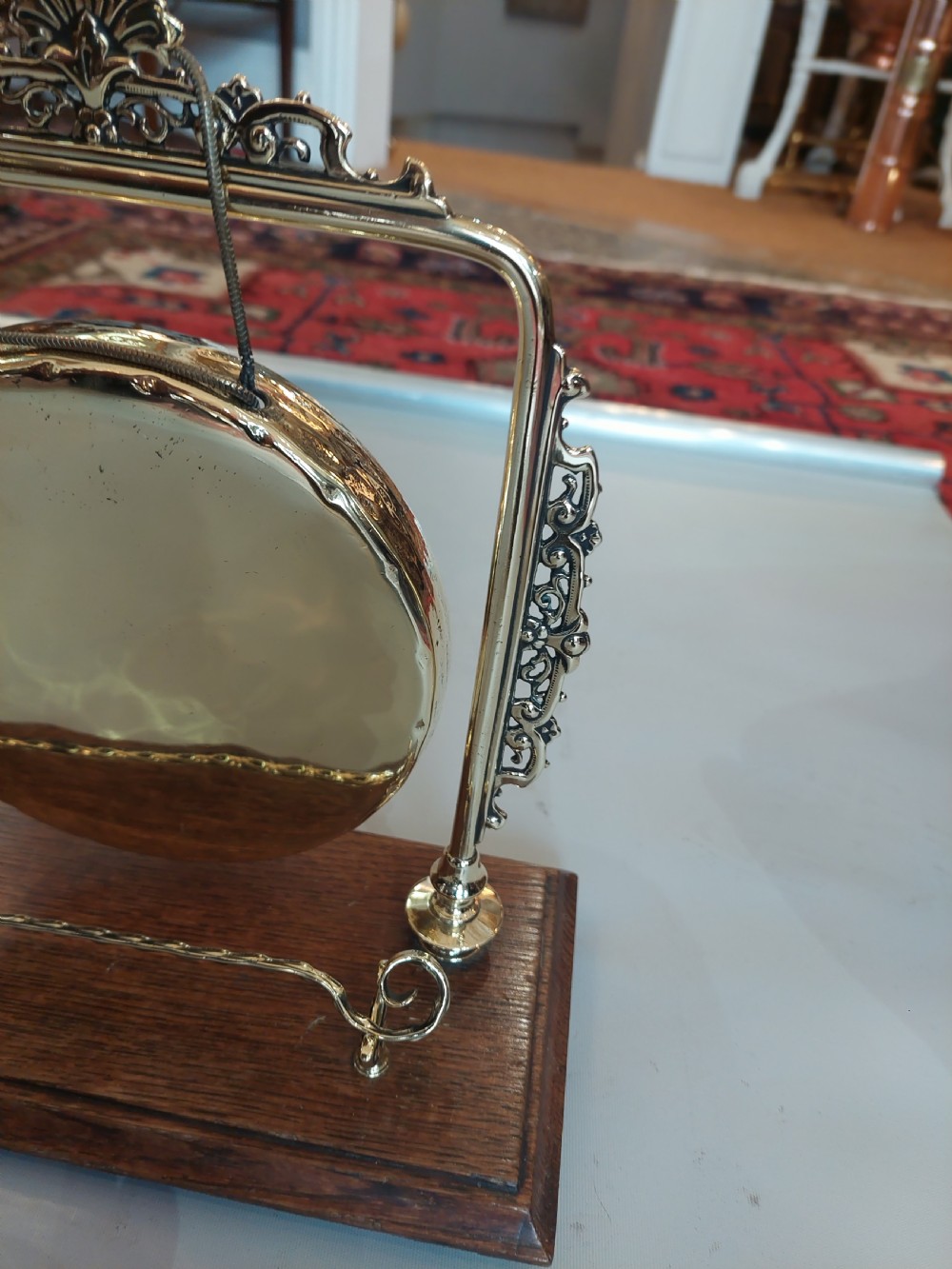 Early 20thC Brass Gong on an Oak Base View V