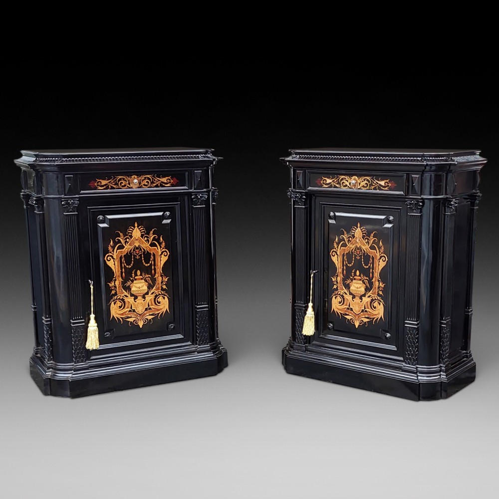 Pair of Continental Ebonised and  Inlaid Pier Cabinets
