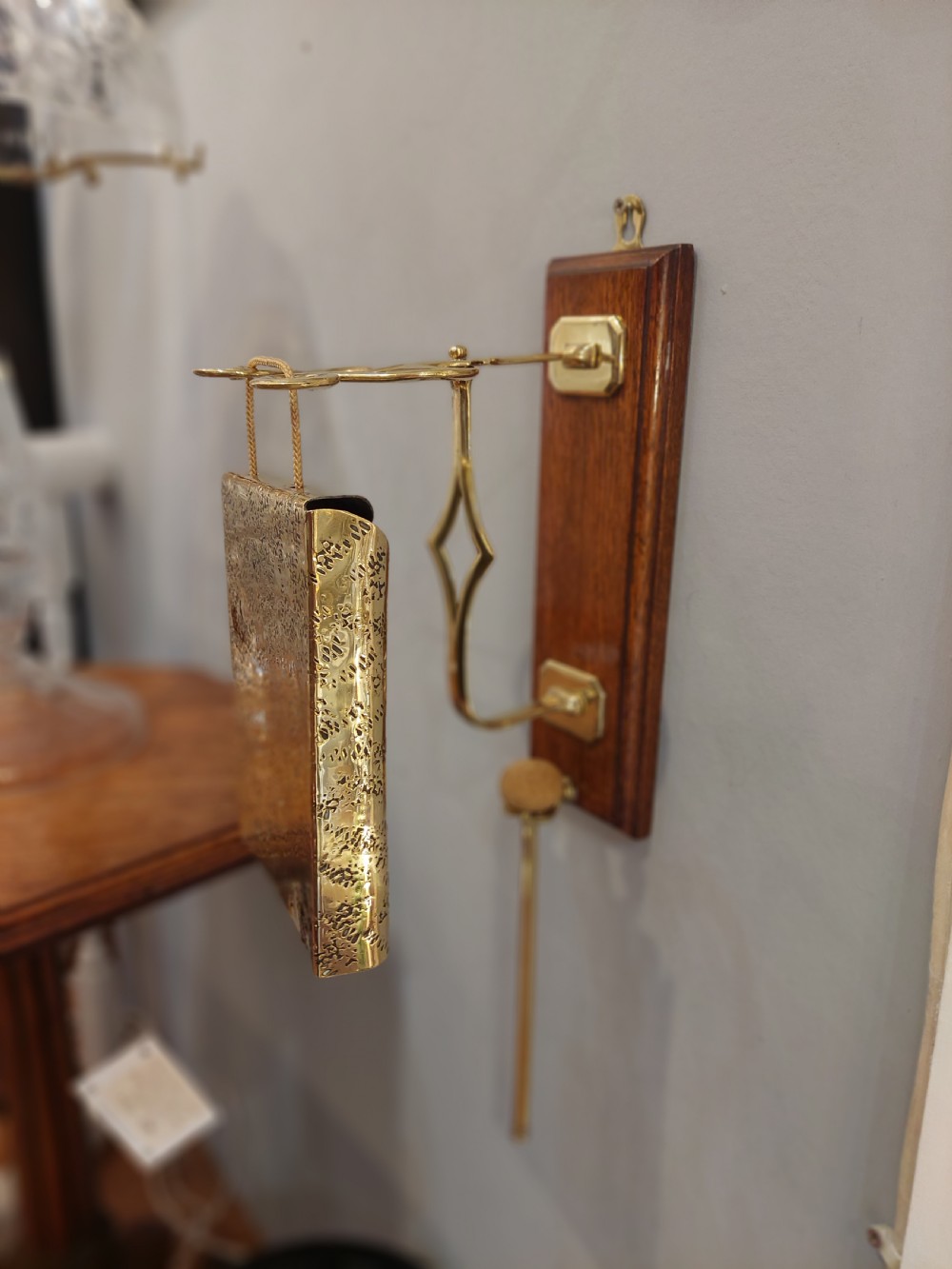 Arts and Crafts Brass and Oak Dinner Gong View III