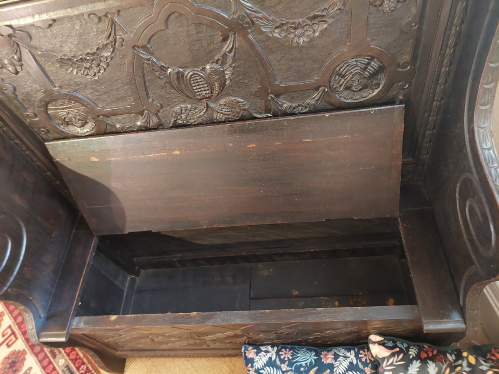 Late 19thC Oak Carved Jacobean Style Monks Bench View IV