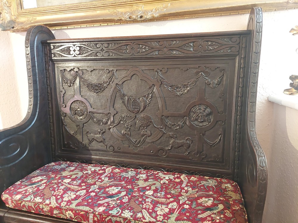 Late 19thC Oak Carved Jacobean Style Monks Bench View V