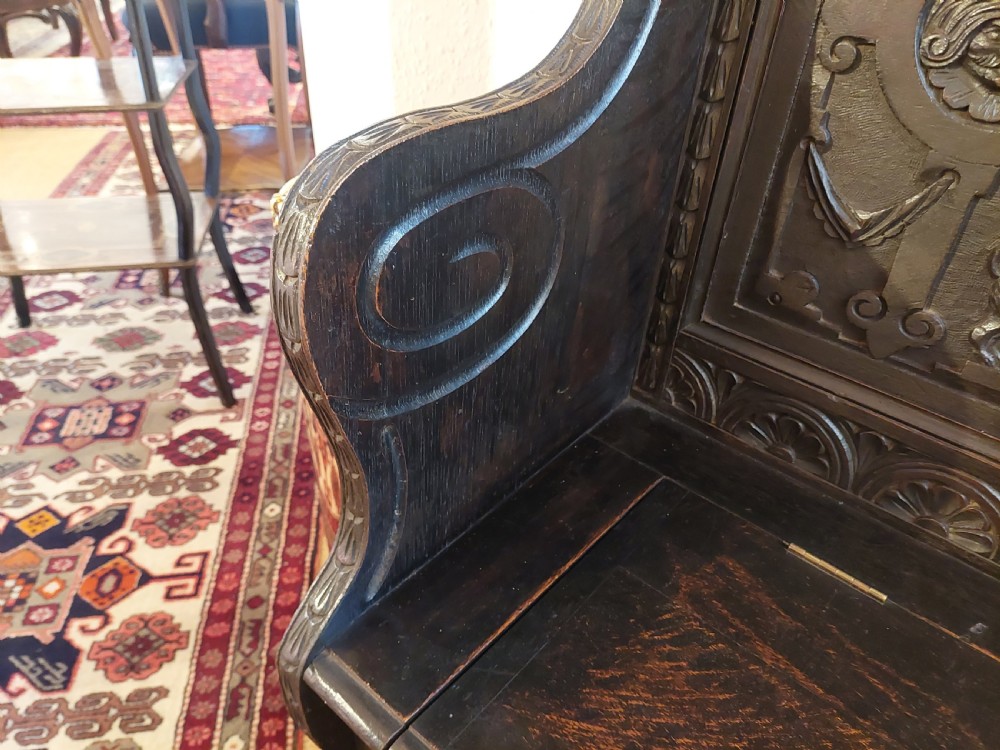 Late 19thC Oak Carved Jacobean Style Monks Bench View VI