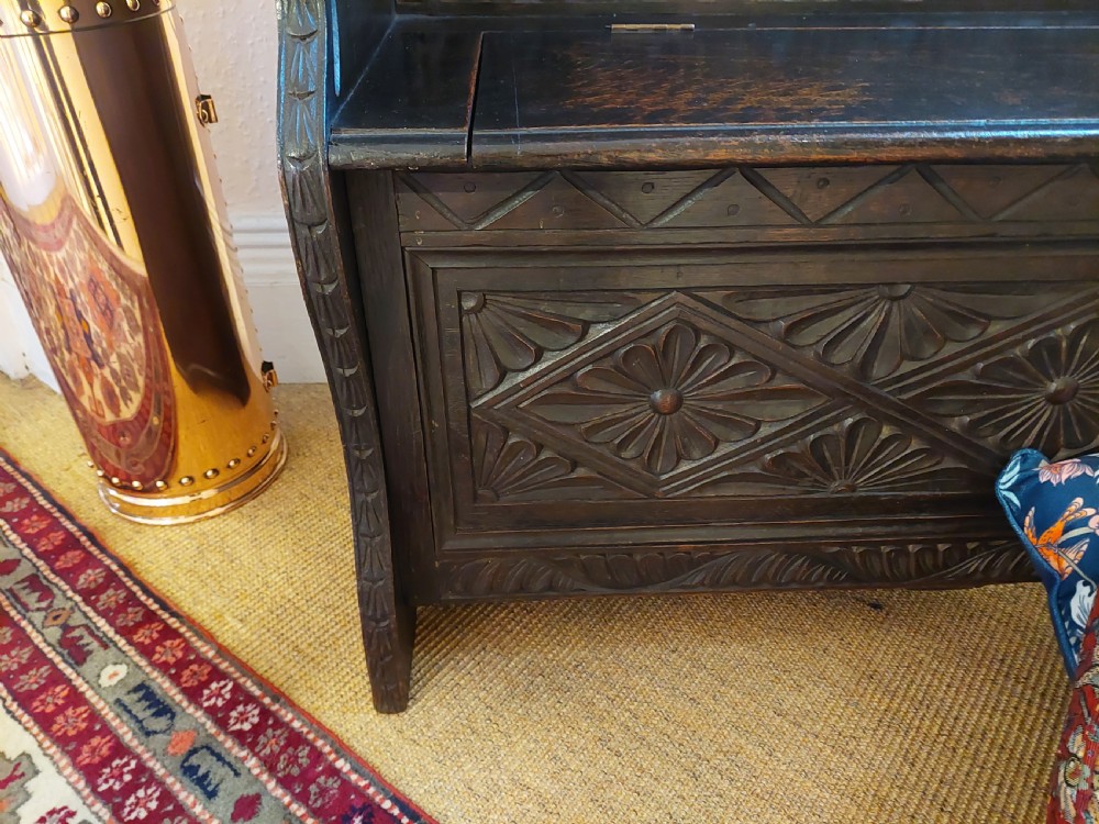 Late 19thC Oak Carved Jacobean Style Monks Bench View VII