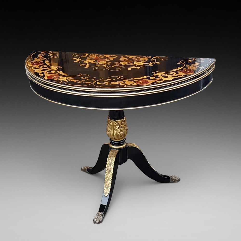 19thC Italian Parcel Gilt Marquetry Inlaid Ebonised Card Table