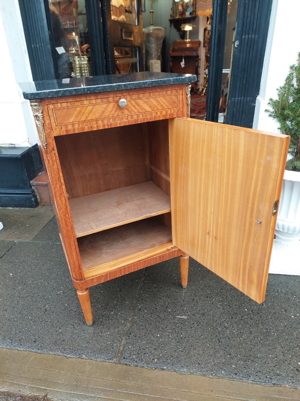Late 19th-century French pot cupboard with kingwood and satinwood parquetry, dark marble top, single drawer, and tapered turned legs. View VIII