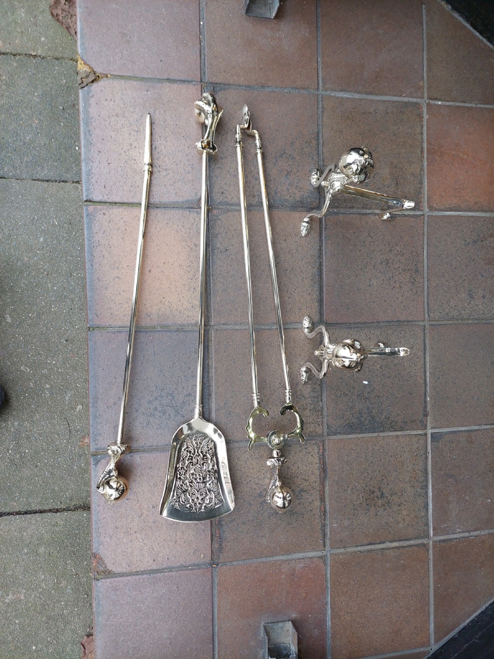 Early 20thC Brass Fireside Set of Fire Irons and Dogs View II