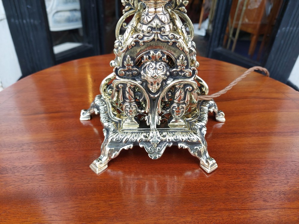 Decorative Pierced Brass Table Oil Lamp - converted to electric View II