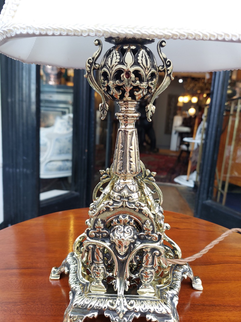 Decorative Pierced Brass Table Oil Lamp - converted to electric View IV