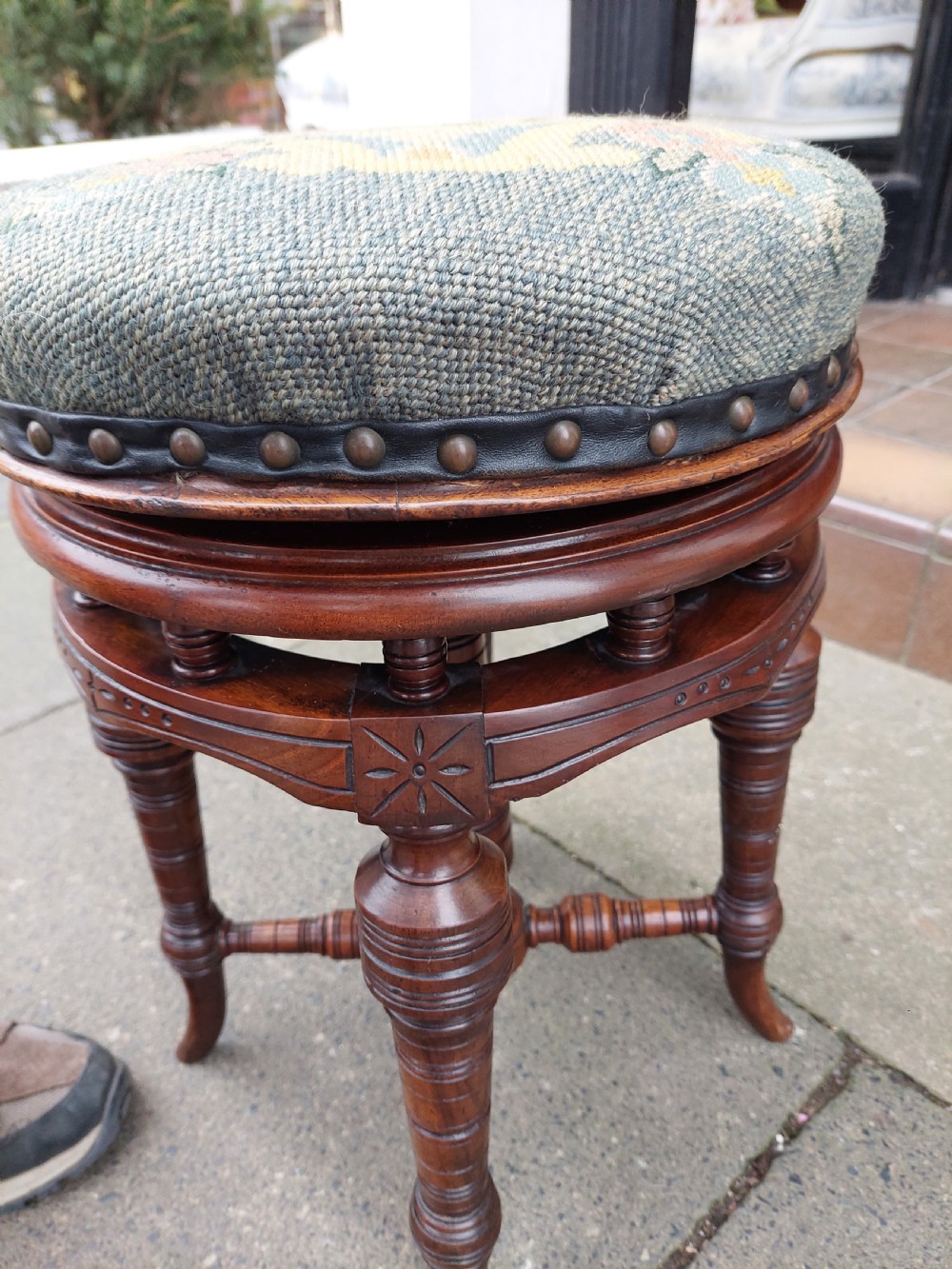 Late 19thC Circular Walnut Revolving Piano Stool View V