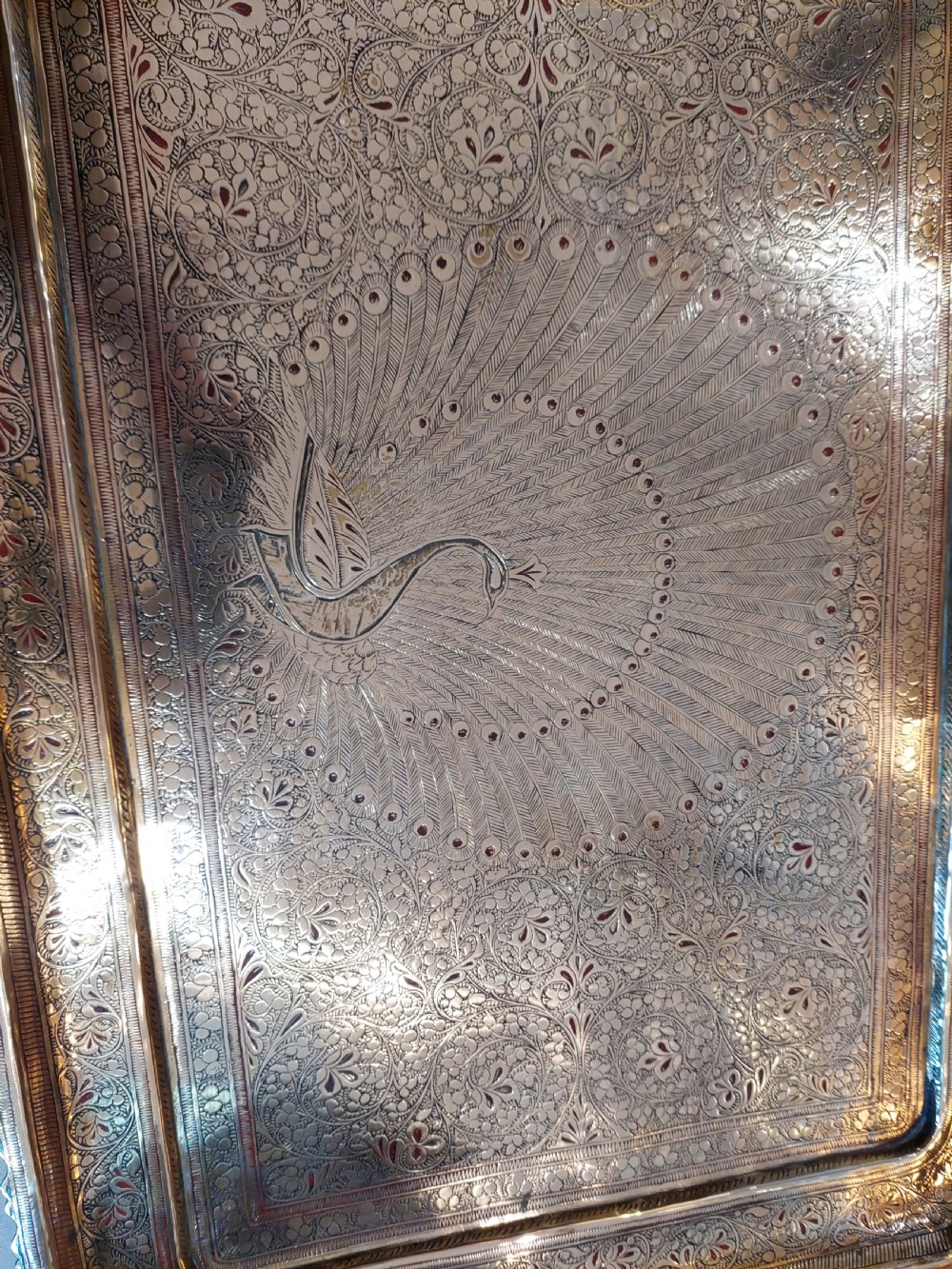 Early 20thC Indian Brass Tray with Engraved & Lacquered Peacock Decoration  View II