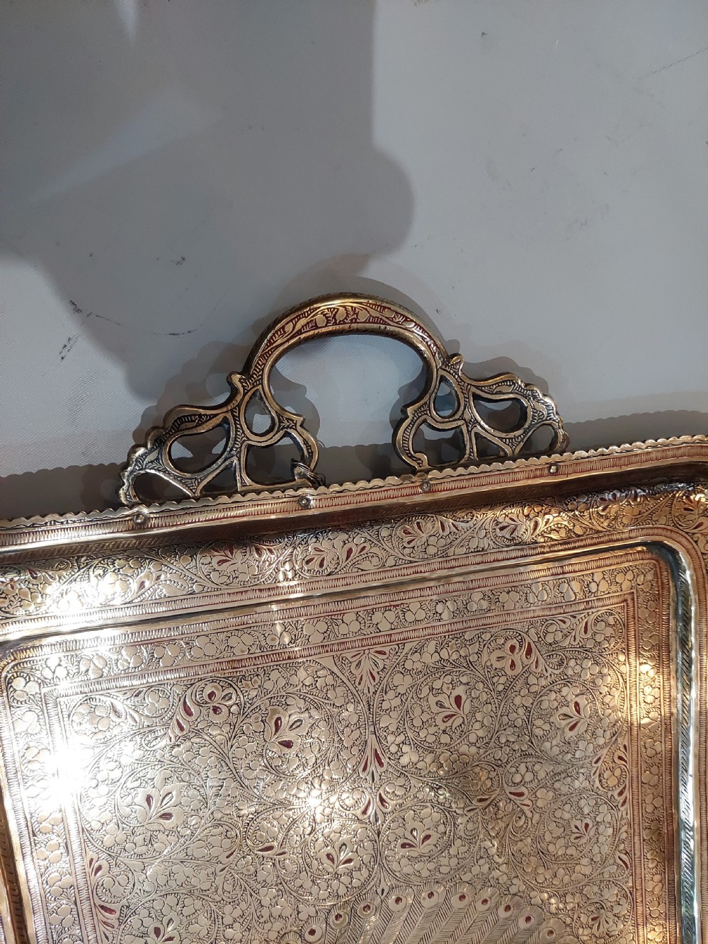 Early 20thC Indian Brass Tray with Engraved & Lacquered Peacock Decoration  View III