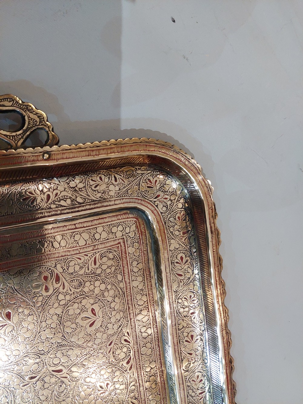 Early 20thC Indian Brass Tray with Engraved & Lacquered Peacock Decoration  View IV