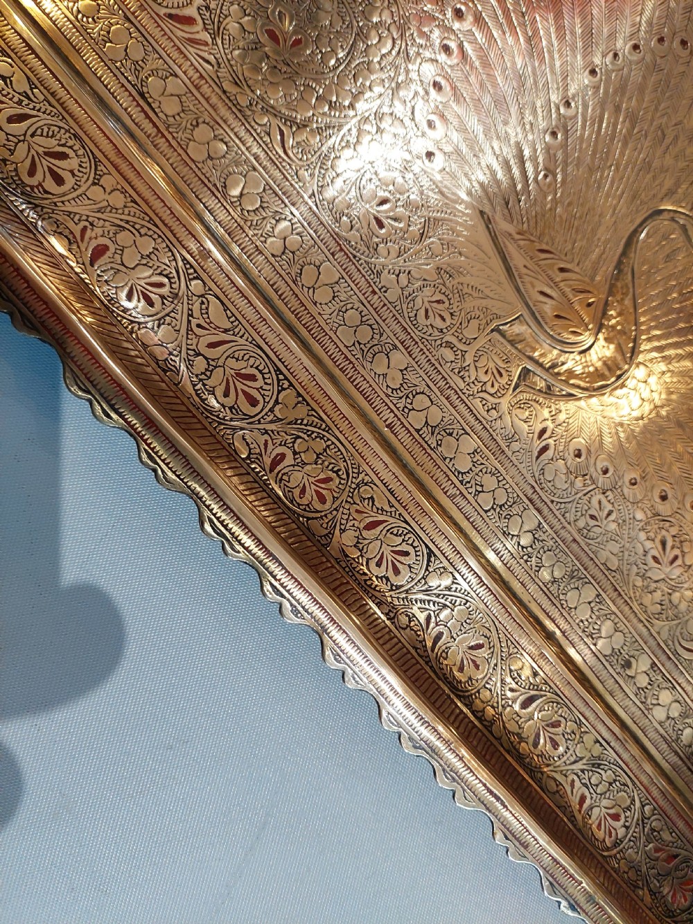Early 20thC Indian Brass Tray with Engraved & Lacquered Peacock Decoration  View V
