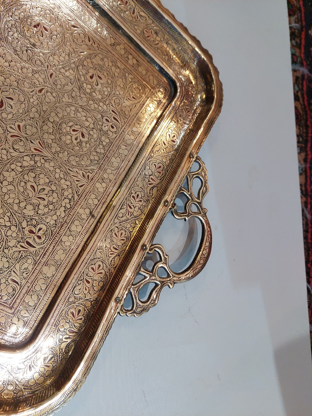 Early 20thC Indian Brass Tray with Engraved & Lacquered Peacock Decoration  View VI