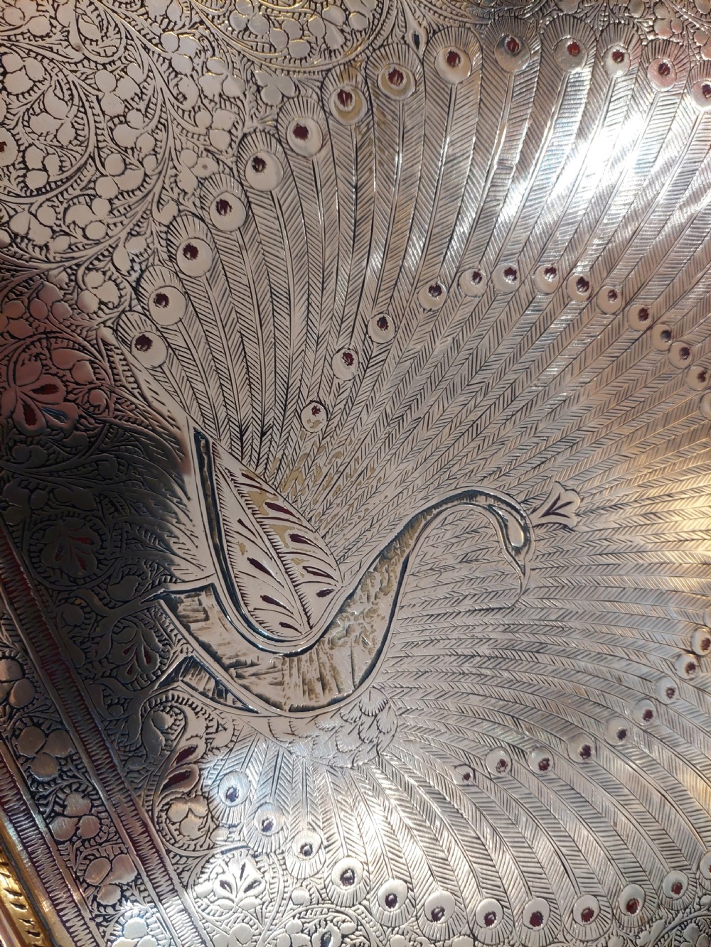 Early 20thC Indian Brass Tray with Engraved & Lacquered Peacock Decoration  View VII