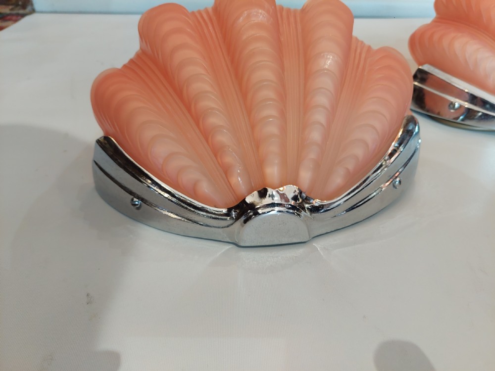 Pair of Art Deco Rose Pink Glass Clam Shell Wall Lights View II