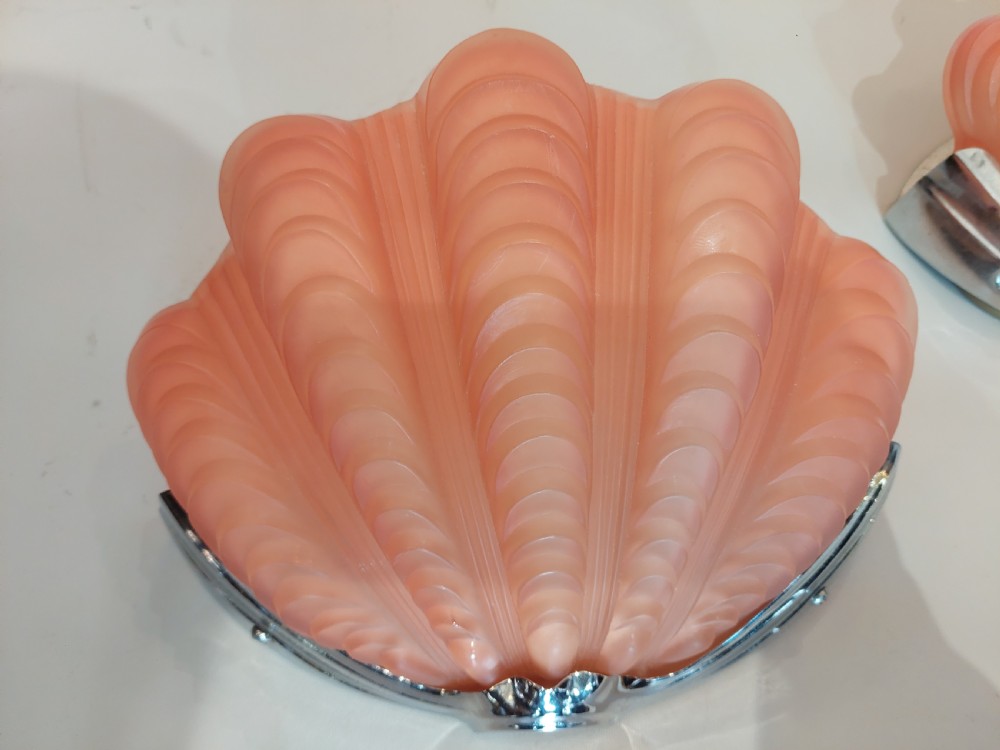Pair of Art Deco Rose Pink Glass Clam Shell Wall Lights View III