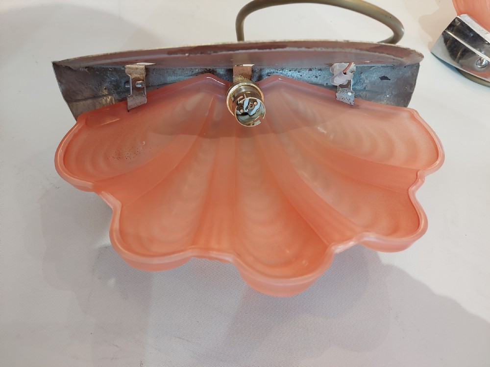Pair of Art Deco Rose Pink Glass Clam Shell Wall Lights View IV