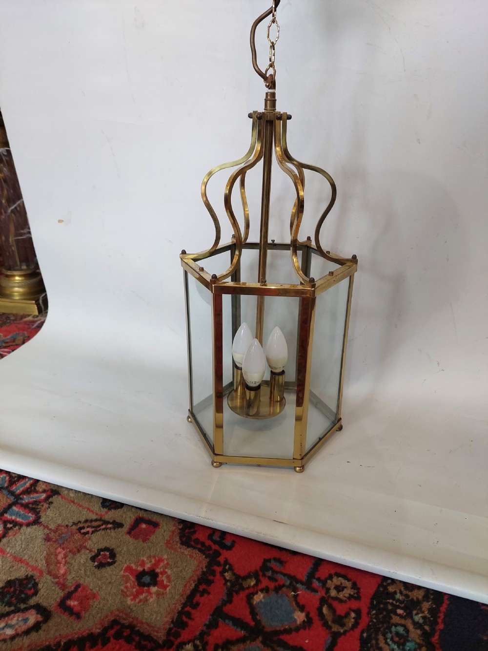 Early 20thC Hexagonal Brass Hall Lantern  View II