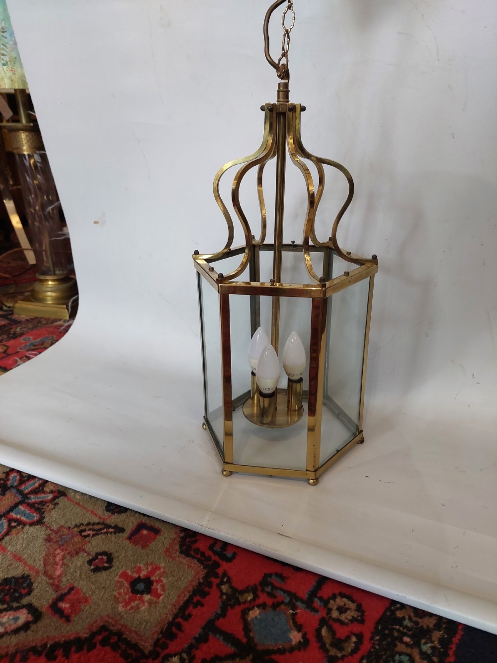 Early 20thC Hexagonal Brass Hall Lantern  View III
