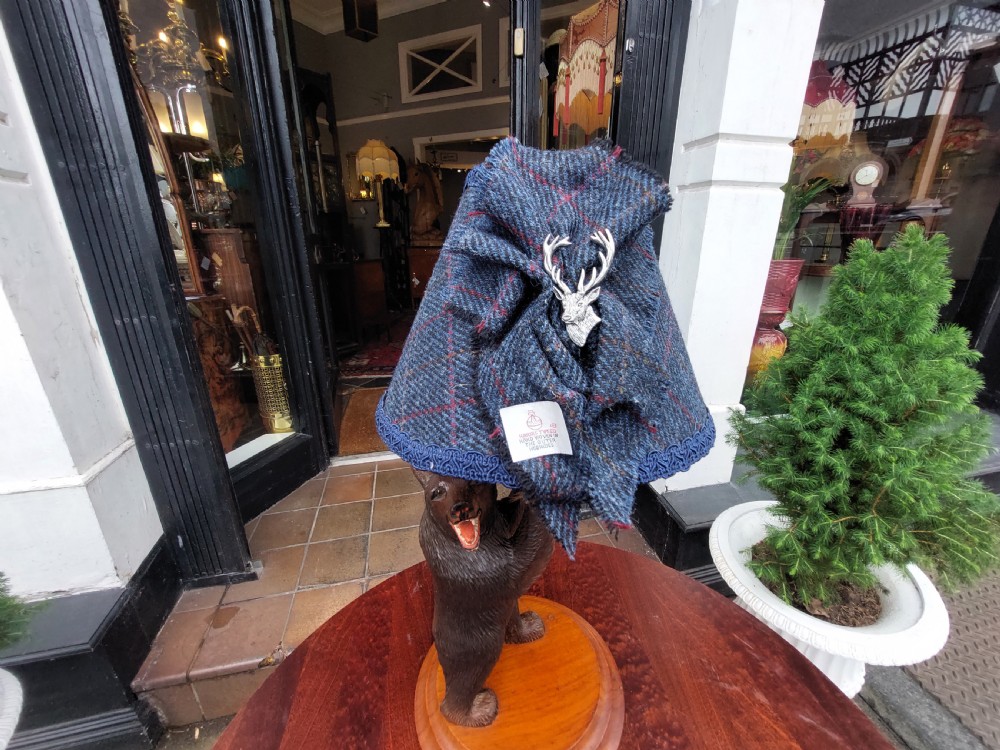 An early twentieth-century carved lindenwood Black Forest bear table lamp topped with a blue tartan fabric lampshade. View V