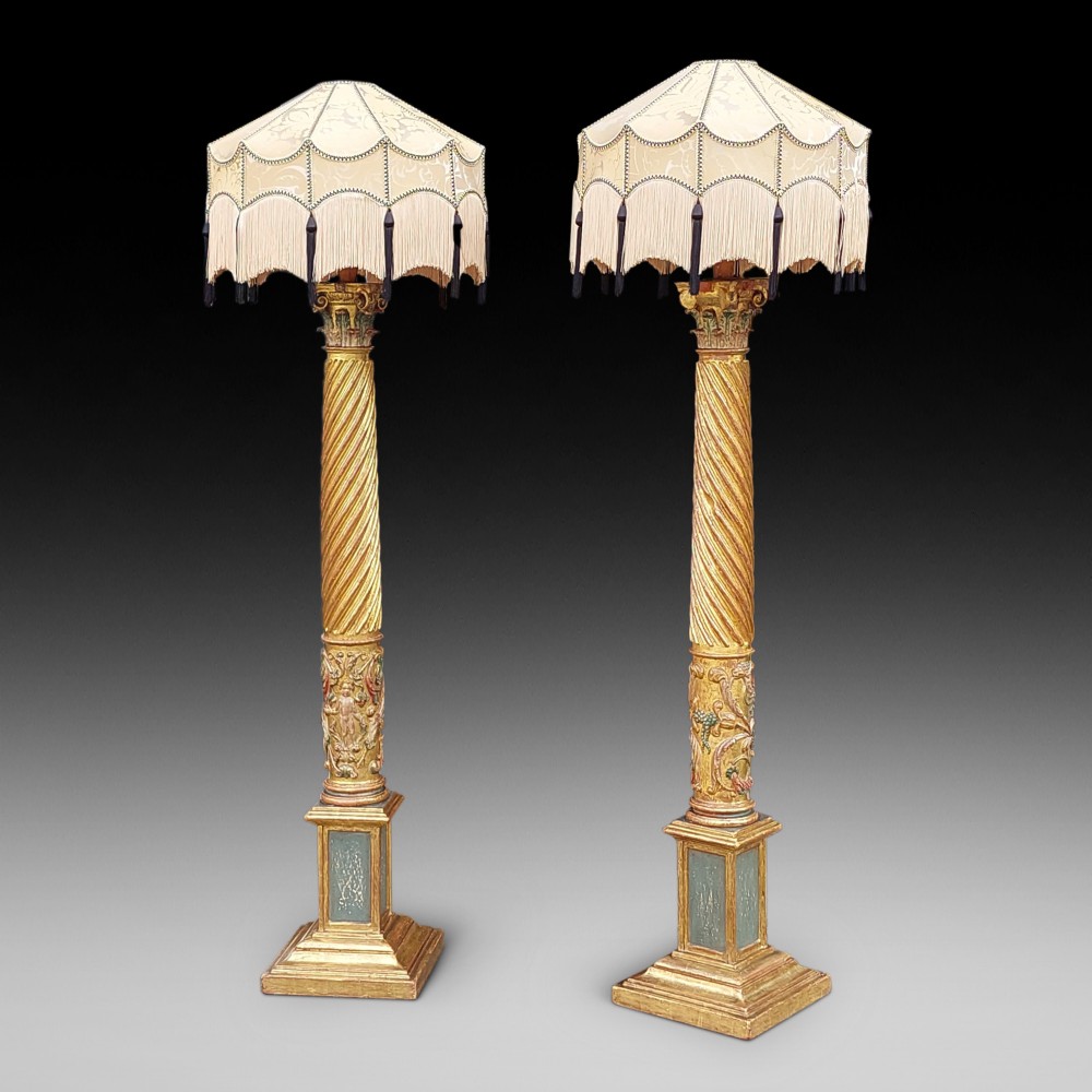 Pair of Italian 17thC Carved Corinthian Column Lamps 