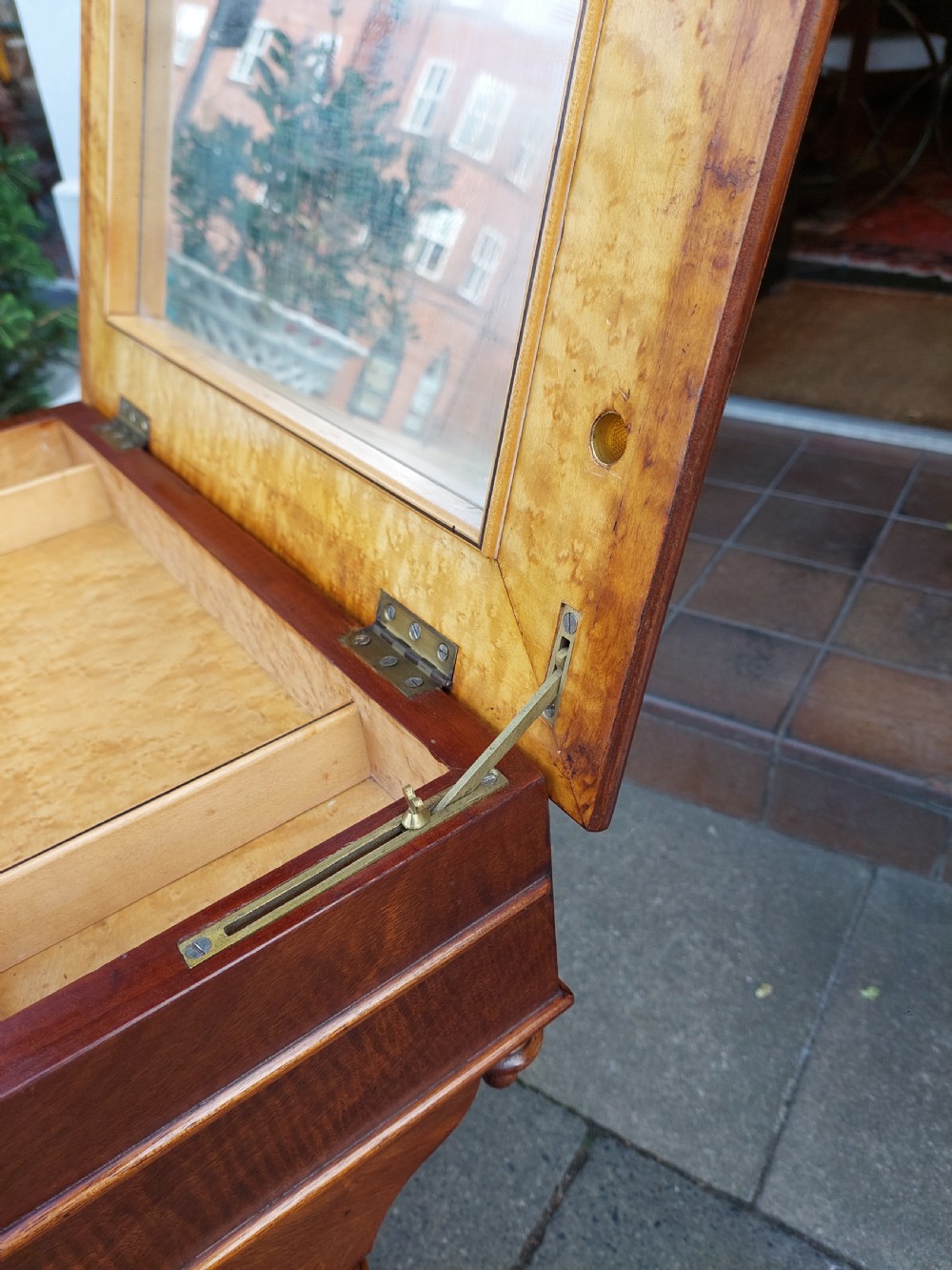 A late 19th-century mahogany sewing work table featuring a veneered rectangular top, turned support legs, a stretcher base, and a drop well. View IV