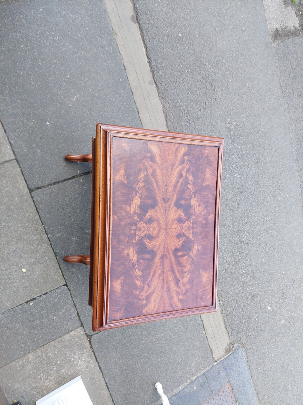 A late 19th-century mahogany sewing work table featuring a veneered rectangular top, turned support legs, a stretcher base, and a drop well. View IX