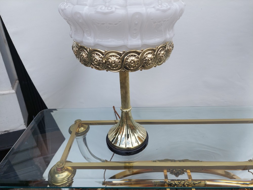 A late 19th-century Victorian brass table lamp featuring a fluted column, patterned brass rim gallery, and moulded white glass shade. View III