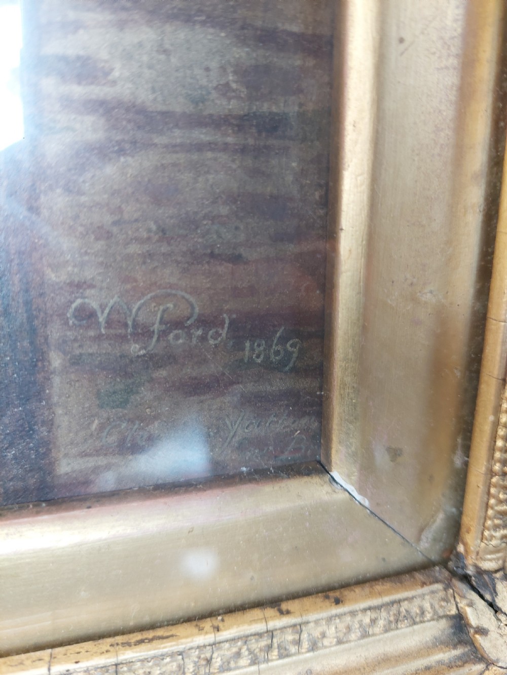 A 19th-century Victorian watercolour painting in a gilded frame depicting an elderly bearded man with three young children in an interior setting. View II
